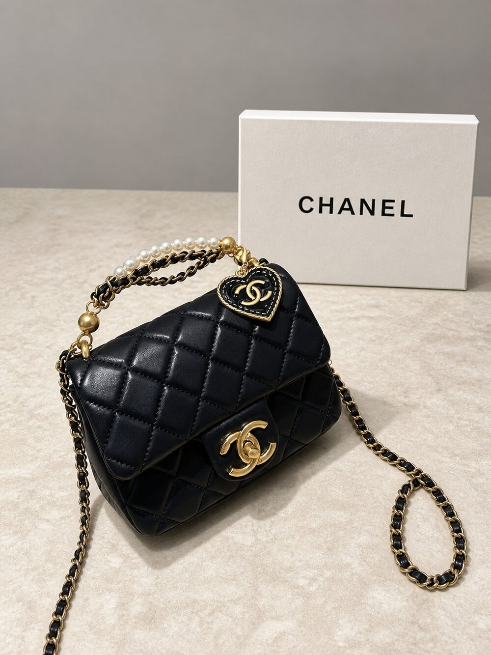 Chanel Mini Square Black Lambskin Pearl Chain Flap Bag - Picture 2 of 7